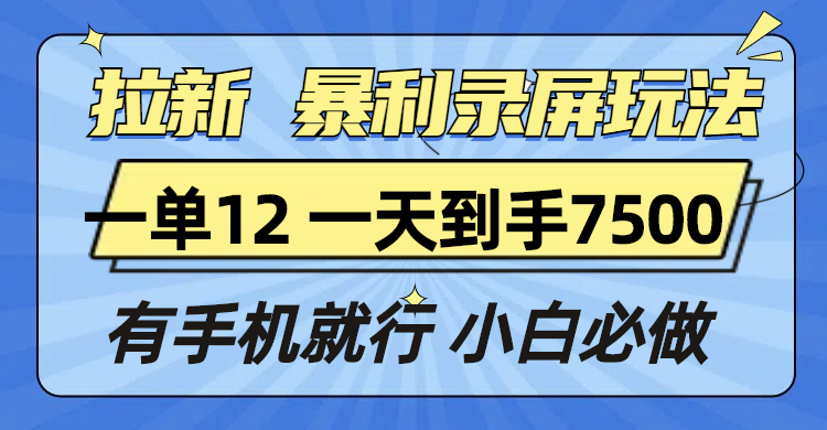 拉新暴利录屏玩法，一单12块，一天到手7500，有手机就行-豪讯资源网