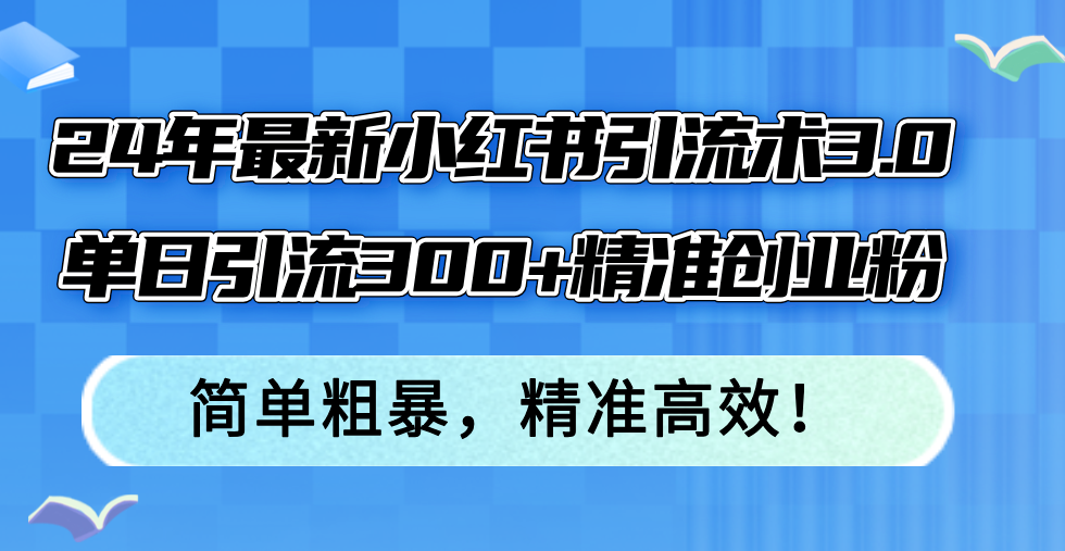 24年最新小红书引流术3.0，单日引流300+精准创业粉，简单粗暴，精准高效！-豪讯资源网