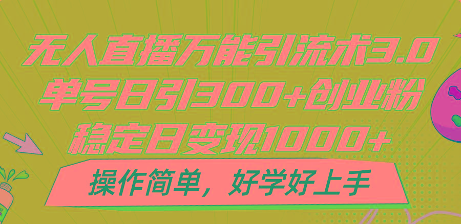 无人直播万能引流术3.0，单号日引300+创业粉，稳定日变现1000+，操作简单-豪讯资源网