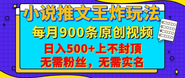 小说推文王炸玩法，一键代发，每月最多领900条原创视频，播放量收益日入5张，无需粉丝，无需实名【揭秘】-豪讯资源网