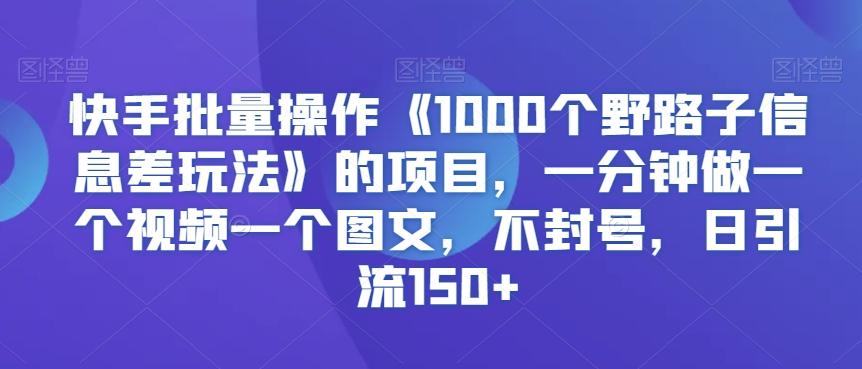 快手批量操作《1000个野路子信息差玩法》的项目，一分钟做一个视频一个图文，不封号，日引流150+【揭秘】-豪讯资源网