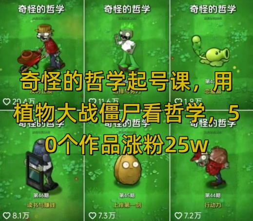 奇怪的哲学起号课，用植物大战僵尸看哲学，50个作品涨粉25w，暴力撸收益，全平台均可发布-豪讯资源网