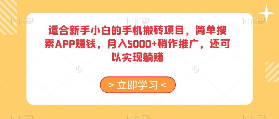 适合新手小白的手机搬砖项目，简单搜素APP赚钱，月入5000+稍作推广，还可以实现躺赚【揭秘】-豪讯资源网