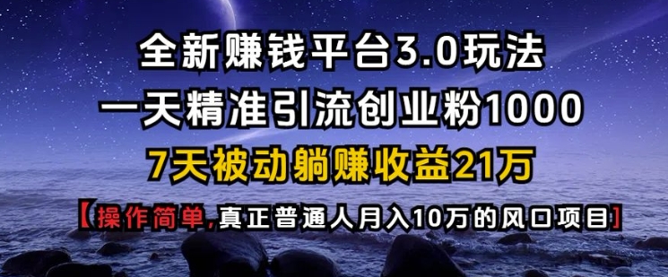 全新赚钱平台3.0玩法一天精准引流创业粉1000.7天被动躺Z收益21W【仅揭秘】-豪讯资源网