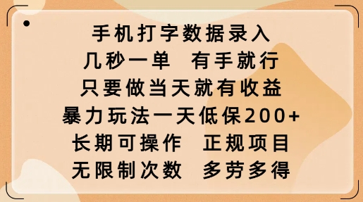手机打字数据录入，几秒一单，有手就行，只要做当天就有收益，暴力玩法一天低保2张-豪讯资源网