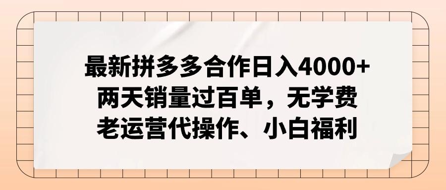 最新拼多多合作日入4000+两天销量过百单，无学费、老运营代操作、小白福利-豪讯资源网
