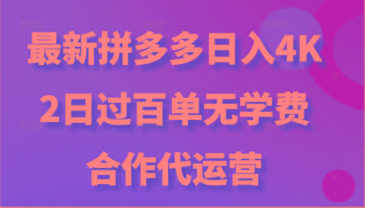 最新拼多多，日入4K+，2日过百单无学费，合作代运营-豪讯资源网